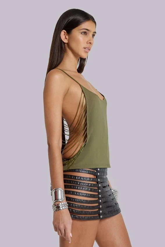 Top con abalorios Aleya en color caqui