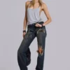 Vaqueros bootcut de talle bajo con encaje desgastado «Tori»
