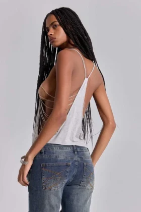 Top con pedrería Aleya en gris jaspeado