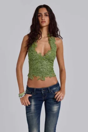 Top corsé de encaje Roswen en verde