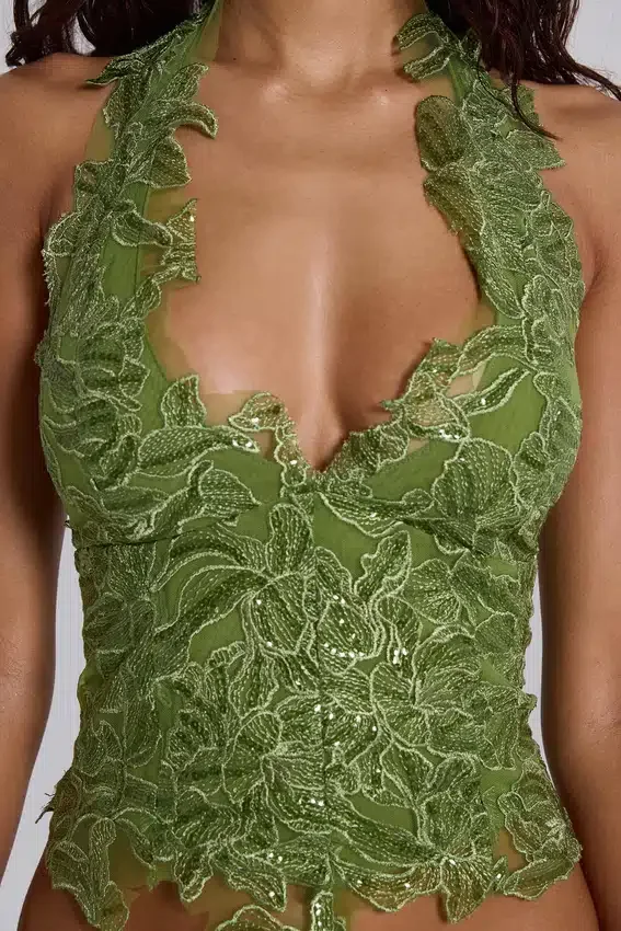 Top corsé de encaje Roswen en verde
