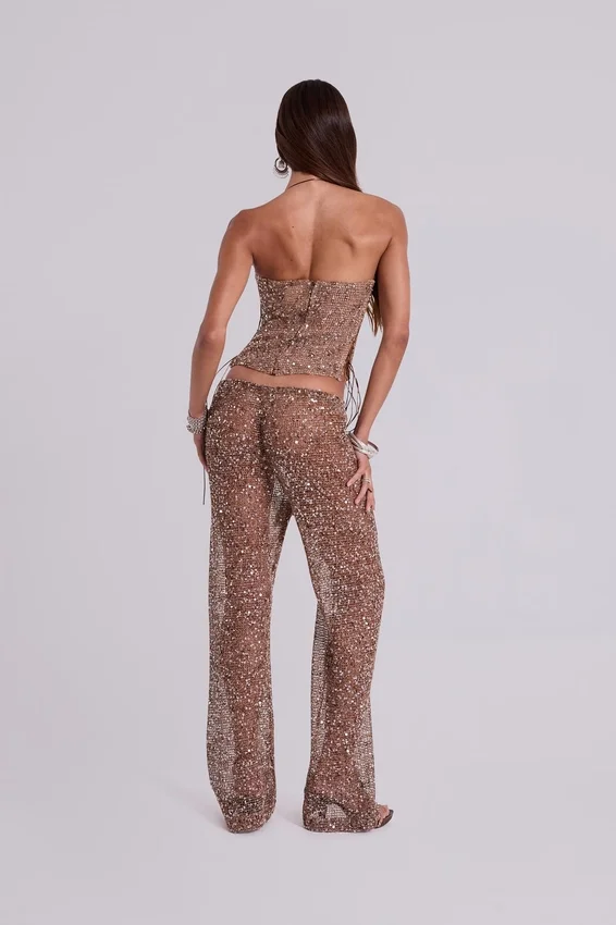 Pantalones de punto con lentejuelas Deva en color arena