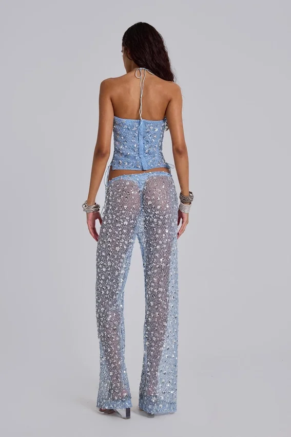 Pantalones de punto con lentejuelas Deva en color cielo