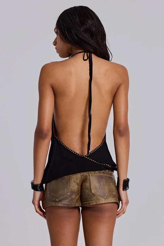 Minishorts «Vaca» de imitación de piel con costura de látigo en marrón claro