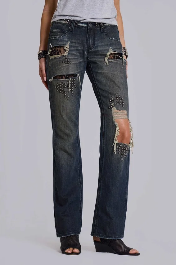 Vaqueros bootcut de talle bajo con encaje desgastado «Tori»