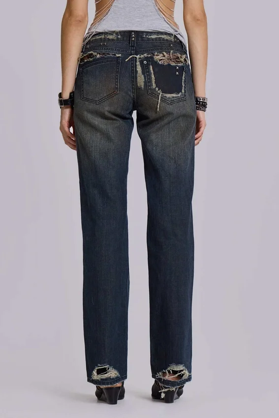 Vaqueros bootcut de talle bajo con encaje desgastado «Tori»