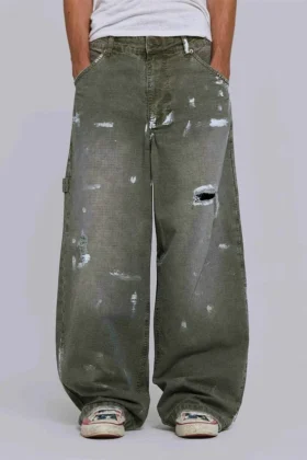 Vaqueros de carpintero ripstop de color caqui pintado