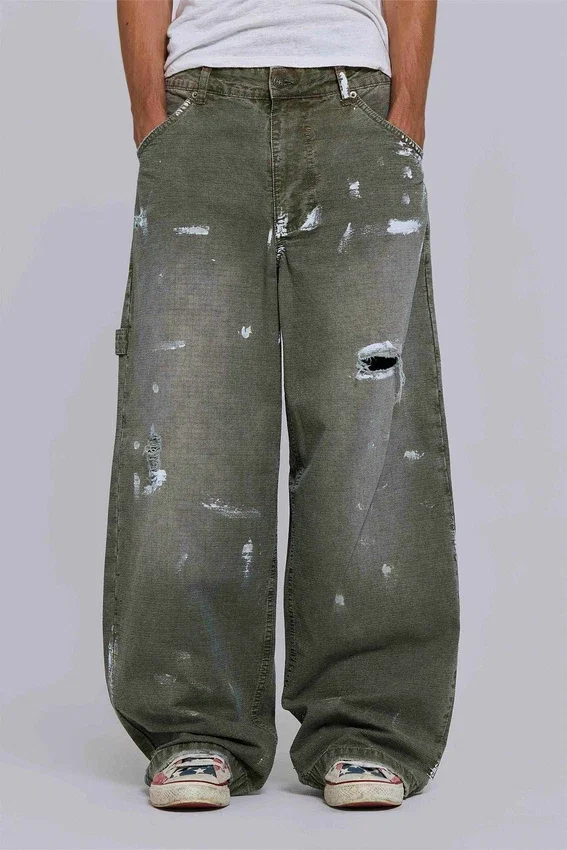 Vaqueros de carpintero ripstop de color caqui pintado