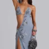 Vestido largo asimétrico con pedrería cosida a mano «Brisa»