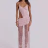Vestido largo asimétrico «Stellar» con abalorios cosidos a mano en rosa