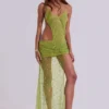 Vestido largo asimétrico «Stellar» con pedrería cosida a mano en color lima