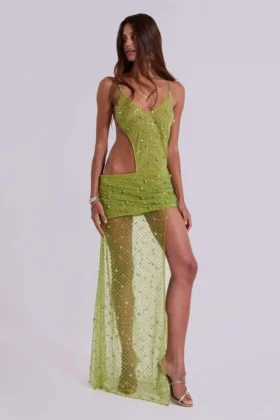 Vestido largo asimétrico «Stellar» con pedrería cosida a mano en color lima