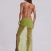 Vestido largo asimétrico «Stellar» con pedrería cosida a mano en color lima