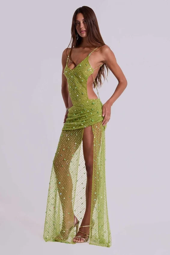 Vestido largo asimétrico «Stellar» con pedrería cosida a mano en color lima
