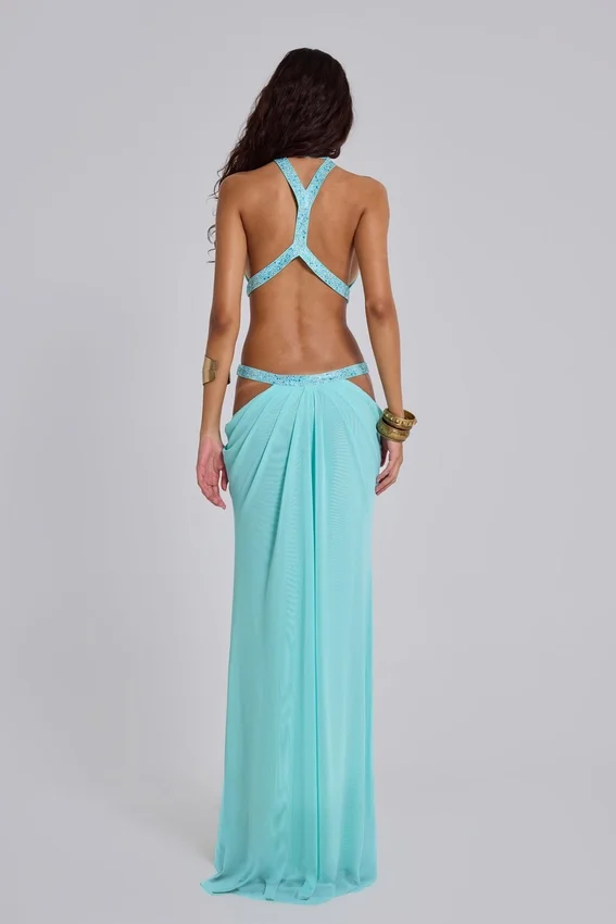 Vestido largo con aberturas de 6AM en turquesa