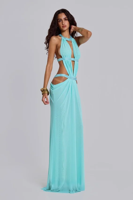 Vestido largo con aberturas de 6AM en turquesa