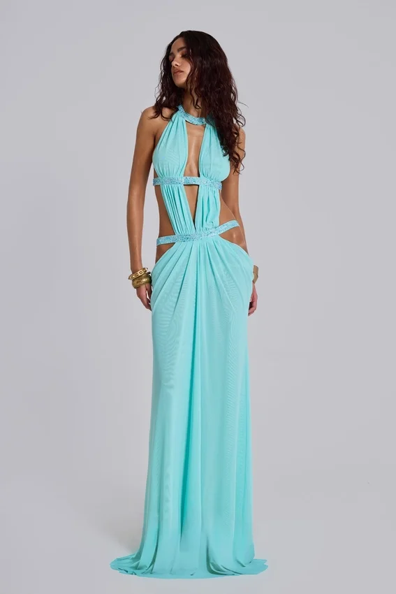 Vestido largo con aberturas de 6AM en turquesa