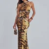 Vestido largo con aberturas «Saffra» con estampado de tigre