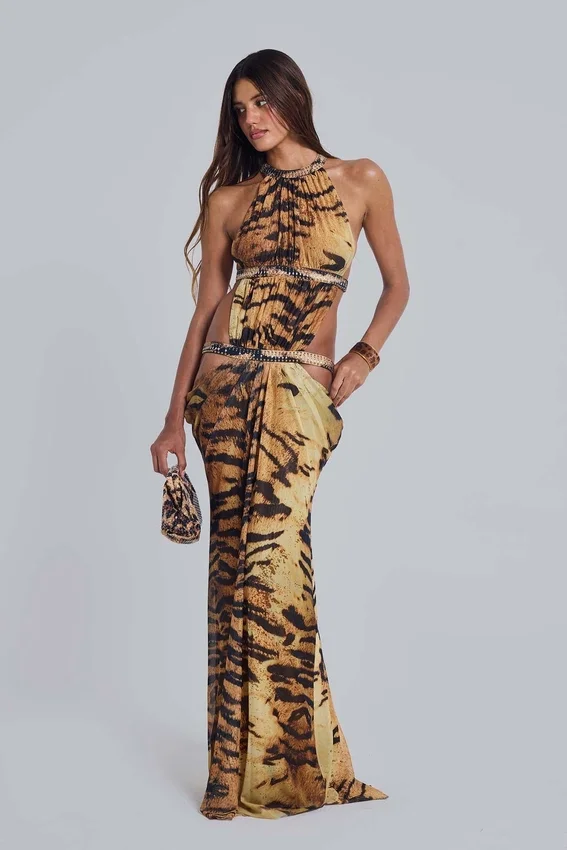 Vestido largo con aberturas «Saffra» con estampado de tigre