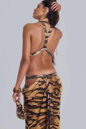 Vestido largo con aberturas «Saffra» con estampado de tigre