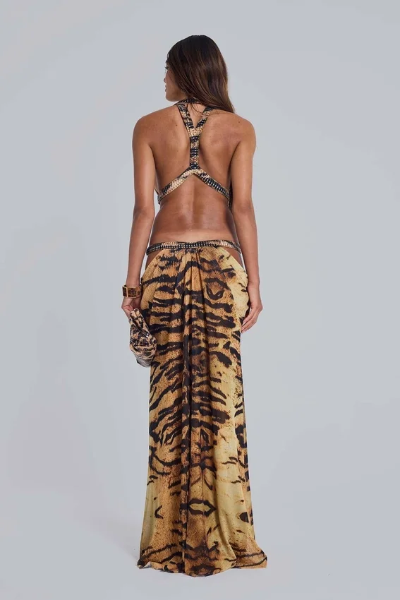 Vestido largo con aberturas «Saffra» con estampado de tigre