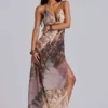 Vestido largo de gasa con cuello vuelto y espalda descubierta «Alameda» metalizado