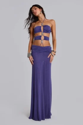 Vestido largo de tirantes «Amara» con ribetes metálicos