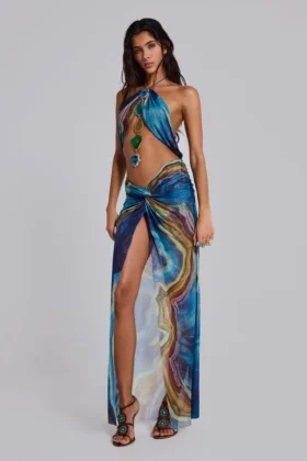 Vestido largo halter «Quartz» con cristales