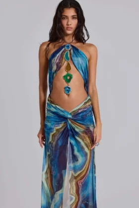 Vestido largo halter «Quartz» con cristales