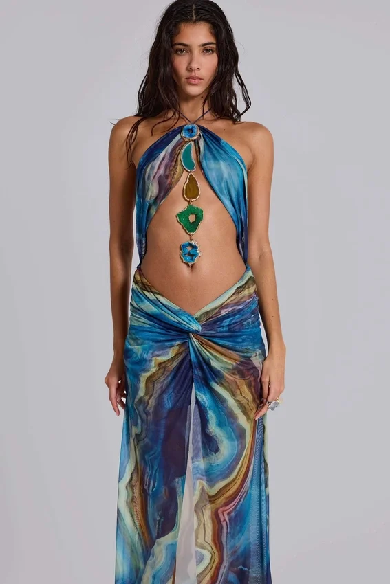 Vestido largo halter «Quartz» con cristales