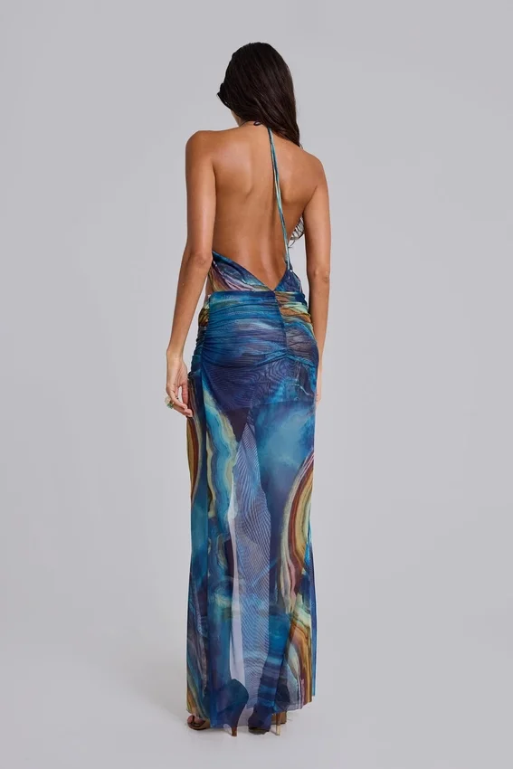Vestido largo halter «Quartz» con cristales