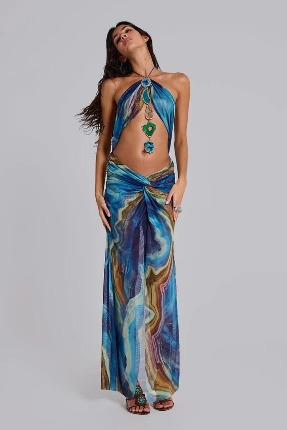 Vestido largo halter «Quartz» con cristales