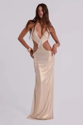 Vestido largo sin espalda «Vida» en dorado